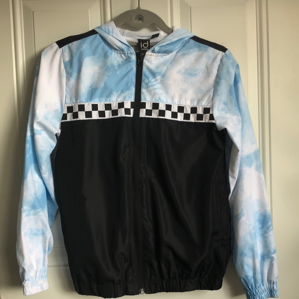 NWT KIDS IDEOLOGY HOODED JACKET SIZE M BLACK/BLUE/ WHITE (UNISEX)